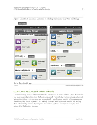 For eBusiness  Channel Strategy Professionals 
2014 Global Mobile Banking Functionality Benchmark 7 
Figure 4 Garanti Lets Customers Customize By Selecting The Features They Want On The App 
App center 
Savings 
Source: iGaranti mobile app 
Shopping and deals 
Social 
Transactions 
Smart money 
116779 Source: Forrester Research, Inc. 
Global Best Practices In Mobile Banking 
Our methodology provides a benchmark for the current state of mobile banking across 11 countries 
and uncovers good practices from the banks we assessed. From offering customers in-app alerts and 
letting them initiate a person-to-person payment with a mobile phone number to letting customers 
personalize their mobile experience by choosing their own content and functionality and helping 
them automatically or manually categorize transactions, we found best-in-class examples from 
almost all of the firms we assessed. 
© 2014, Forrester Research, Inc. Reproduction Prohibited July 17, 2014 
 