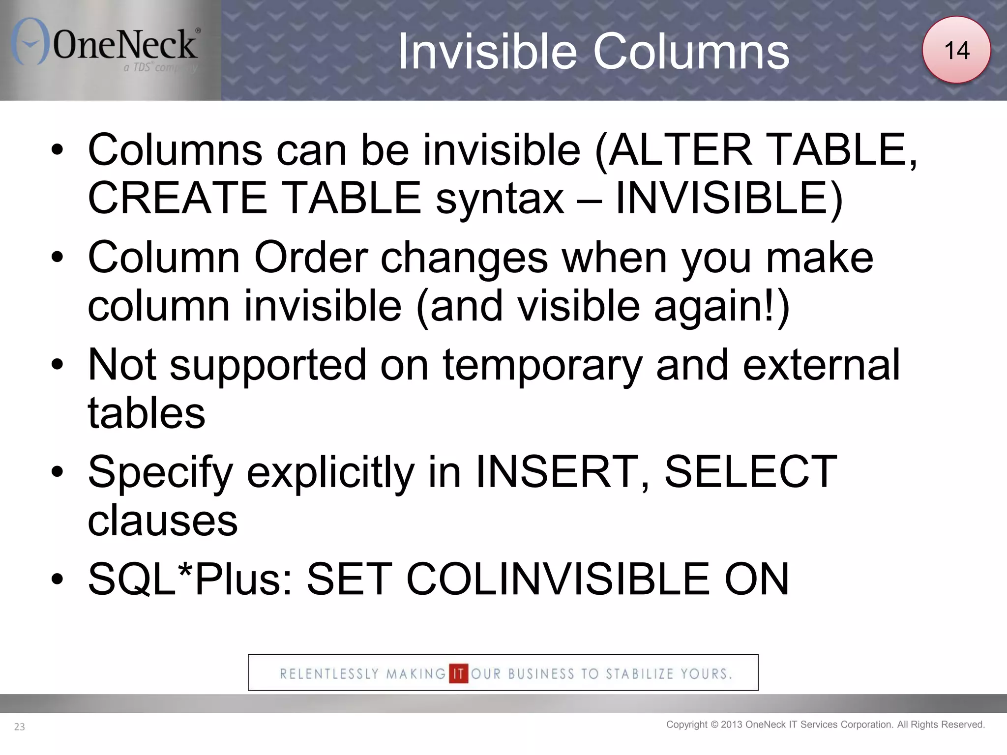 Copyright © 2013 OneNeck IT Services Corporation. All Rights Reserved.23
Invisible Columns
• Columns can be invisible (ALTER TABLE,
CREATE TABLE syntax – INVISIBLE)
• Column Order changes when you make
column invisible (and visible again!)
• Not supported on temporary and external
tables
• Specify explicitly in INSERT, SELECT
clauses
• SQL*Plus: SET COLINVISIBLE ON
14
 
