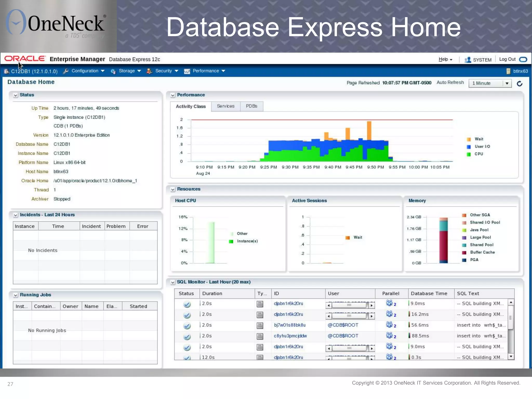 Copyright © 2013 OneNeck IT Services Corporation. All Rights Reserved.27
Database Express Home
 