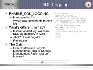 Copyright © 2013 OneNeck IT Services Corporation. All Rights Reserved.11
DDL Logging
• ENABLE_DDL_LOGGING
– Introduced in 11g
– Writes DDL statements to Alert
log
• What’s different in 12c?
– Instead of alert log, writes to
DDL log directory in ADR
– <ADR Home>/log/ddl
– File log.xml
• The Catch:
– Either Database Lifecycle
Management Pack or Change
Management Pack must be
licensed
$ cat log.xml
<msg time='2014-04-
29T16:48:23.352-07:00'
org_id='oracle' comp_id='rdbms'
msg_id='opiexe:4181:2946163730'
type='UNKNOWN' group='diag_adl'
level='16'
host_id='emcc.example.com'
host_addr='10.0.2.15'
version='1'>
<txt>create table biju_test (n
number)
</txt>
</msg>
5
 