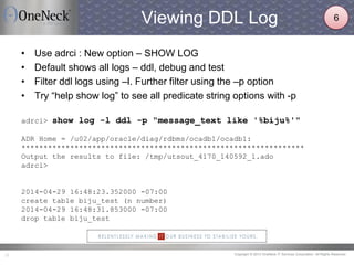 Copyright © 2013 OneNeck IT Services Corporation. All Rights Reserved.12
Viewing DDL Log
• Use adrci : New option – SHOW LOG
• Default shows all logs – ddl, debug and test
• Filter ddl logs using –l. Further filter using the –p option
• Try “help show log” to see all predicate string options with -p
adrci> show log -l ddl -p "message_text like '%biju%'"
ADR Home = /u02/app/oracle/diag/rdbms/ocadb1/ocadb1:
****************************************************************
Output the results to file: /tmp/utsout_4170_140592_1.ado
adrci>
2014-04-29 16:48:23.352000 -07:00
create table biju_test (n number)
2014-04-29 16:48:31.853000 -07:00
drop table biju_test
6
 