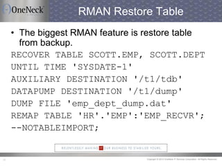 Copyright © 2013 OneNeck IT Services Corporation. All Rights Reserved.32
RMAN Restore Table
• The biggest RMAN feature is restore table
from backup.
RECOVER TABLE SCOTT.EMP, SCOTT.DEPT
UNTIL TIME 'SYSDATE-1'
AUXILIARY DESTINATION '/t1/tdb'
DATAPUMP DESTINATION '/t1/dump'
DUMP FILE 'emp_dept_dump.dat'
REMAP TABLE 'HR'.'EMP':'EMP_RECVR';
--NOTABLEIMPORT;
 