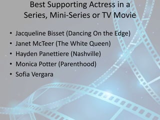 Best Supporting Actress in a
Series, Mini-Series or TV Movie
•
•
•
•
•

Jacqueline Bisset (Dancing On the Edge)
Janet McTe...