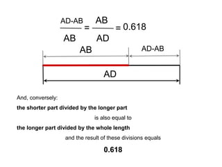 AB 
AD 
AD-AB 
AB AD-AB 
And, conversely: 
the shorter part divided by the longer part 
is also equal to 
the longer part divided by the whole length 
and the result of these divisions equals 
0.618 
0.618 
AD 
AB 
= = 
 