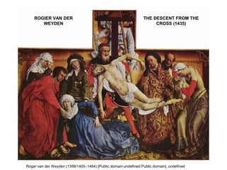ROGIER VAN DER 
WEYDEN 
THE DESCENT FROM THE 
CROSS (1435) 
Roger van der Weyden (1399/1400–1464) [Public domain undefined Public domain], undefined 
 