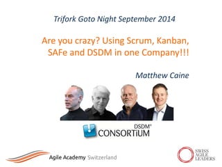 Trifork Goto Night September 2014 
Are you crazy? Using Scrum, Kanban, 
SAFe and DSDM in one Company!!! 
Matthew Caine 
 