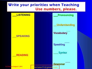 ___LISTENING
____SPEAKING
____READING
___Pronouncing___Pronouncing
________UnderstandingUnderstanding
__________
VocabularyVocabulary
____________
SpeakingSpeaking
____________ SyntaxSyntax
____________
GrammarGrammar
Write your priorities when Teaching
Use numbers, please.
R. Chaviano August 7, 2014
 