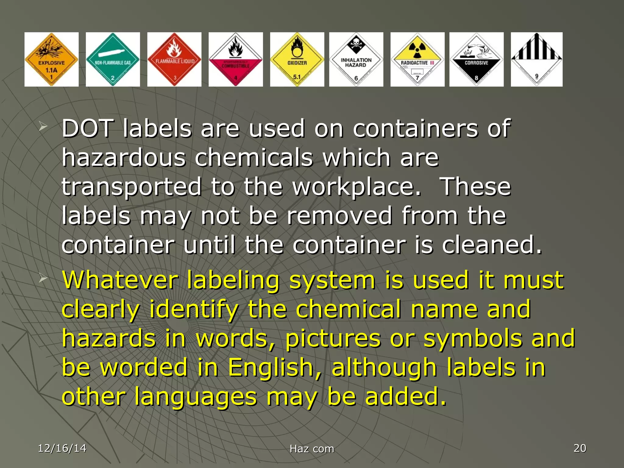 12/16/1412/16/14 Haz comHaz com 2020
 DOT labels are used on containers ofDOT labels are used on containers of
hazardous chemicals which arehazardous chemicals which are
transported to the workplace. Thesetransported to the workplace. These
labels may not be removed from thelabels may not be removed from the
container until the container is cleaned.container until the container is cleaned.
 Whatever labeling system is used it mustWhatever labeling system is used it must
clearly identify the chemical name andclearly identify the chemical name and
hazards in words, pictures or symbols andhazards in words, pictures or symbols and
be worded in English, although labels inbe worded in English, although labels in
other languages may be added.other languages may be added.
 