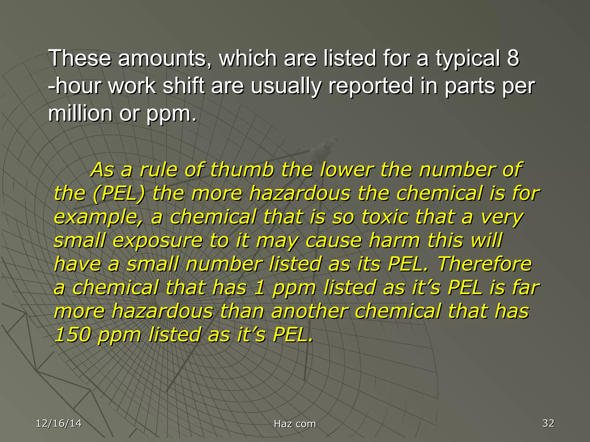 12/16/1412/16/14 Haz comHaz com 3232
These amounts, which are listed for a typical 8These amounts, which are listed for a typical 8
-hour work shift are usually reported in parts per-hour work shift are usually reported in parts per
million or ppm.million or ppm.
As a rule of thumb the lower the number ofAs a rule of thumb the lower the number of
the (PEL) the more hazardous the chemical is forthe (PEL) the more hazardous the chemical is for
example, a chemical that is so toxic that a veryexample, a chemical that is so toxic that a very
small exposure to it may cause harm this willsmall exposure to it may cause harm this will
have a small number listed as its PEL. Thereforehave a small number listed as its PEL. Therefore
a chemical that has 1 ppm listed as it’s PEL is fara chemical that has 1 ppm listed as it’s PEL is far
more hazardous than another chemical that hasmore hazardous than another chemical that has
150 ppm listed as it’s PEL.150 ppm listed as it’s PEL.
 