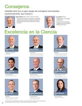14
Consejeros
Herbalife tiene hoy un gran equipo de consejeros remunerados
económicamente, que incluye a:
*Los títulos sólo tienen la función de identificar. Como política, la Universidad de California no respalda productos ni servicios específicos.
†
La Fundación Nobel no está afiliada a Herbalife y no examina, aprueba ni respalda los productos Herbalife®
.
Excelencia en la Ciencia
David Heber, M.D., Ph.D., F.A.C.P., F.A.C.N.
Presidente del Instituto de Nutrición de Herbalife
y del Consejo Consultor de Nutrición y Director
Fundador del Centro para la Nutrición Humana
de UCLA*
Lou Ignarro, Ph.D.
Galardonado con el Nobel†
en Medicina
Profesor de Farmacología
Distinguido de la Escuela de
Medicina de UCLA*
Steve Henig,
Ph.D.
DIRECTOR EJECUTIVO
CIENTÍFICO
Luigi Gratton,
M.D., M.P.H.
VICEPRESIDENTE
Mercadeo Global de Producto
Gary Small,
M.D.
MIEMBRO
Instituto de Nutrición de Herbalife
Consejo Consultor de Nutrición
David Heber,
M.D., Ph.D., F.A.C.P., F.A.C.N.
PRESIDENTE
Instituto de Nutrición de Herbalife y
del Consejo Consultor de Nutrición
John Heiss,
Ph.D.
SENIOR DIRECTOR
Deportes y Acondicionamiento Físico
Mercadeo Global de Producto
Paulo Giacomoni,
Ph.D.
VICEPRESIDENTE
Investigación y Desarrollo
para el Cuidado de la Piel
Louis Ignarro, Ph.D.
Nobel†
Laureate in Medicine
MIEMBRO
Instituto de Nutrición de Herbalife
y Consejo Consultor de Nutrición
Vasilios Frankos,
Ph.D.
VICEPRESIDENTE SENIOR
Ciencia, Seguridad y
Cumplimiento Global del Producto
Rocio Medina,
M.D.
VICEPRESIDENTE
Capacitación de Nutrición
 