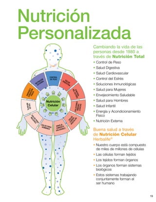 Nutrición
Celular
NUTRICIÓN
EXTERNA
CONTROL
DE PESO SALUD
DIGESTIVA
CONTROL
DELESTRÉS
ENERGÍAY
CONDICIÓNFÍSICA
SALUD
INFANTIL
SALUD
PARA
MUJERES
SALUD PARAHOMBRES
SALUD
CARDIO-
VASCULARSOLUCIONESINMUNO-LÓGICAS
ENVEJE-
CIMIENTO
SALUDABLE
19
Nutrición
Personalizada
Cambiando la vida de las
personas desde 1980 a
través de Nutrición Total
• Control de Peso
• Salud Digestiva
• Salud Cardiovascular
• Control del Estrés
• Soluciones Inmunológicas
• Salud para Mujeres
• Envejecimiento Saludable
• Salud para Hombres
• Salud Infantil
• Energía y Acondicionamiento
Físico
• Nutrición Externa
Buena salud a través
de Nutrición Celular
Herbalife®
• Nuestro cuerpo está compuesto
de miles de millones de células
• Las células forman tejidos
• Los tejidos forman órganos
• Los órganos forman sistemas
biológicos
• Estos sistemas trabajando
conjuntamente forman el
ser humano
 