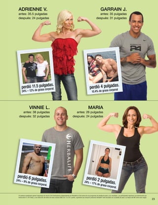 23
perdió 6 pulgadas.24% – 9% de grasa corporal.
perdió 2 pulgadas.24% – 17% de grasa corporal.
perdió 11.5 pulgadas.
24% – 12% de grasa corporal.
ADRIENNE V.
antes: 35.5 pulgadas
después: 24 pulgadas
GARRAIN J.
antes: 35 pulgadas
después: 31 pulgadas
Un extenso cuestionario generó respuestas de más de 200 Distribuidores Independientes de Herbalife en EUA acerca de sus programas de pérdida de peso y sus resultados. Los participantes reportaron una disminución que
oscila entre 4 y 167 libras, y una reducción del índice de masa corporal (IMC) de 1.5 a 24.1 puntos, sugiriendo que consumir productos Herbalife®
está vinculado con la pérdida de peso y la mejora del IMC entre esos rangos.
VINNIE L.
antes: 38 pulgadas
después: 32 pulgadas
MARIA
antes: 26 pulgadas
después: 24 pulgadas
perdió 4 pulgadas.
10.4% de grasa corporal
 
