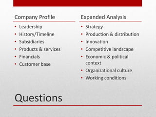 Questions
Company Profile
? Leadership
? History/Timeline
? Subsidiaries
? Products & services
? Financials
? Customer base
Expanded Analysis
? Strategy
? Production & distribution
? Innovation
? Competitive landscape
? Economic & political
context
? Organizational culture
? Working conditions
 