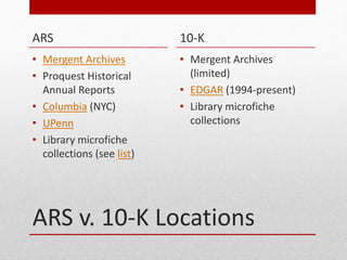 ARS v. 10-K Locations
ARS
? Mergent Archives
? Proquest Historical
Annual Reports
? Columbia (NYC)
? UPenn
? Library microfiche
collections (see list)
10-K
? Mergent Archives
(limited)
? EDGAR (1994-present)
? Library microfiche
collections
 