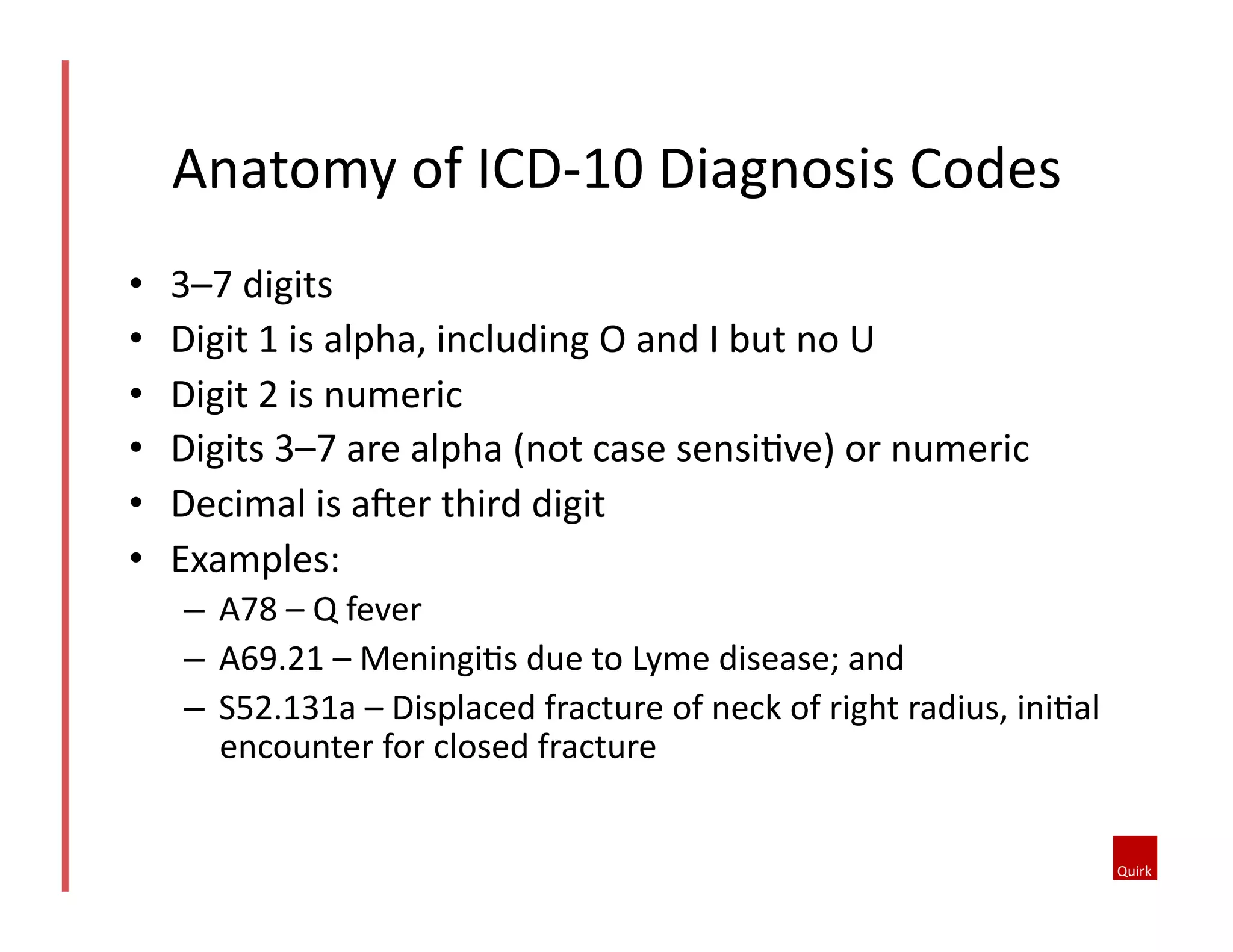 Anatomy	
  of	
  ICD-­‐10	
  Diagnosis	
  Codes	
  
• 
• 
• 
• 
• 
• 

3–7	
  digits	
  
Digit	
  1	
  is	
  alpha,	
  including	
  O	
  and	
  I	
  but	
  no	
  U	
  
Digit	
  2	
  is	
  numeric	
  
Digits	
  3–7	
  are	
  alpha	
  (not	
  case	
  sensiQve)	
  or	
  numeric	
  
Decimal	
  is	
  aher	
  third	
  digit	
  
Examples:	
  
–  A78	
  –	
  Q	
  fever	
  
–  A69.21	
  –	
  MeningiQs	
  due	
  to	
  Lyme	
  disease;	
  and	
  
–  S52.131a	
  –	
  Displaced	
  fracture	
  of	
  neck	
  of	
  right	
  radius,	
  iniQal	
  
encounter	
  for	
  closed	
  fracture	
  

 