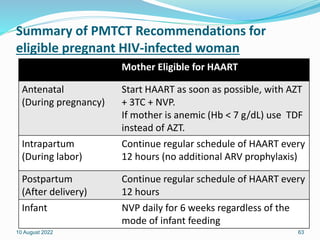 Summary of PMTCT Recommendations for
eligible pregnant HIV-infected woman
Mother Eligible for HAART
Antenatal
(During pregnancy)
Start HAART as soon as possible, with AZT
+ 3TC + NVP.
If mother is anemic (Hb < 7 g/dL) use TDF
instead of AZT.
Intrapartum
(During labor)
Continue regular schedule of HAART every
12 hours (no additional ARV prophylaxis)
Postpartum
(After delivery)
Continue regular schedule of HAART every
12 hours
Infant NVP daily for 6 weeks regardless of the
mode of infant feeding
10 August 2022 63
 