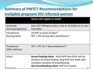 Summary of PMTCT Recommendations for
ineligible pregnant HIV-infected woman
Mother NOT eligible for HAART
Antenatal
(During pregnancy)
Start AZT 300mg po twice a day at 14 weeks or as soon
thereafter.
Intrapartum
(During labor)
sd-NVP at onset of labor*
AZT + 3TC during labor and delivery*
Postpartum
(After delivery)
AZT + 3TC for 7 days postpartum*
Infant Breast Feeding Infant - daily NVP from birth and for
duration of breast feeding. Stop NVP one week after
complete cessation of breastfeeding
Non breastfeeding infant- NVP for 6 weeks
10 August 2022 70
 