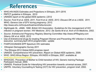 References
 WHO,HIV/AIDS Estimates and Projections in Ethiopia, 2011-2016
 PMTCT guideline in Ethiopia , 2010
 UNAIDS report on the global AIDS epidemic | 2012
 Source: Ford N et al. AIDS, 2011. Ford N et al. AIDS, 2013. Ekouevi DK et al.J AIDS, 2011.
WHO, Geneva Use of EFV during pregnancy. 2012.
http://www.who.int/hiv/pub/treatment2/efavirenz/en
 Nightingale SL. JAMA, 1998. British HIV Association. Guidelines for the management of HIV
infection in pregnant women. HIV Medicine. 2012. De Santis M et al. Arch of Int Medicine, 2002.
 Source: Antiretroviral Pregnancy Registry Steering Committee http://www.APRegistry.com
Siberry GK et al. AIDS, 2012
 Use of Antiretroviral drugs for treating Pregnant Women and Preventing HIV infection in infants
executive summary,April 2012 programmatic update
 FHAPCO/UNAIDS EPP Spectrum HIV estimates
 Ethiopian Demographic Survey 2011
 The Ethiopia 2012 Global AIDS progress report
 UNAIDS. Comprehensive HIV prevention, Report on Global AIDS epidemic, 2009.
 WHO. WHO Africa Region: Ethiopia, HIV/AIDS in Ethiopia, 2007. available at:
www.who.int/countries/eth/en/
 WHO/CDC. Prevention of Mother to Child transition of HIV, Generic training Package:
Participant manual, 2004.
 UNAIDS. Practical Guide for Intensifying HIV prevention towards universal access, 2007.
 UNFPA. Voluntary Counselling & Testing (VCT) for HIV prevention, program brief, 2002.
 . 86
 