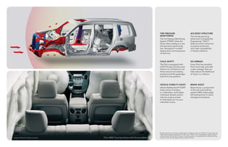 Pilot 4WD Touring shown with Gray Leather.Airbags inflated for display purposes.
*Honda reminds you and your passengers to always buckle up. Children 12 and under are
safest when properly restrained in a rear seat. †VSA is not a substitute for safe driving. It
cannot correct the vehicle’s course in every situation or compensate for reckless driving.
Control of the vehicle always remains with the driver.
SIX AIRBAGS
Every Pilot has standard
front, front side, and side
curtain airbags* that can
help reduce the likelihood
of injury in a collision.
TIRE PRESSURE
MONITORING
The Tire Pressure Monitoring
System (TPMS)8
alerts the
driver when pressure in any
tire becomes significantly
low. Navigation models3
display the current pressure
of each tire.
VEHICLE STABILITY ASSIST
Vehicle Stability AssistTM
(VSA®)†
helps sense oversteer
or understeer, and brakes
individual wheels and/or
reduces engine power
to help keep you on your
intended course.
BRAKE ASSIST
Brake Assist, a component
of the anti-lock braking
system (ABS), helps apply
full braking force in some
emergency situations.
ACE BODY STRUCTURE
The Honda-exclusive
Advanced Compatibility
EngineeringTM
(ACETM
)
body structure enhances
occupant protection
and crash compatibility
in frontal collisions.
CHILD SAFETY
The Pilot is equipped with
LATCH (Lower Anchors and
Tethers for CHildren) in all
three second-row seating
positions and the passenger-
side third-row position.
 