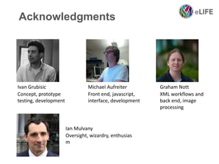 Ivan Grubisic Michael Aufreiter Graham Nott
Concept, prototype
testing, development
Front end, javascript,
interface, development
XML workflows and
back end, image
processing
Ian Mulvany
Oversight, wizardry, enthusias
m
Acknowledgments
 