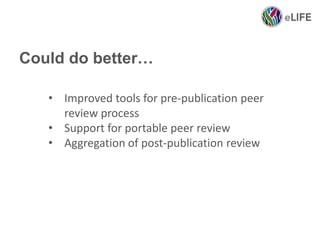 • Improved tools for pre-publication peer
review process
• Support for portable peer review
• Aggregation of post-publication review
Could do better…
 