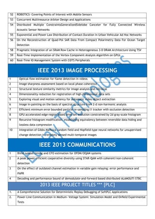 52

ROBOTICS- Covering Points of Interest with Mobile Sensors

53

Concurrent Multiresource Arbiter Design and Applications

54

Distributed Multiple ConstraintsGeneralizedSidelobe Canceler for Fully Connected Wireless
Acoustic Sensor Networks

55

Exponential and Power Law Distribution of Contact Duration in Urban Vehicular Ad Hoc Networks

56

On the Reconstruction of Quad-Pol SAR Data From Compact Polarimetry Data For Ocean Target
Detection

58

Pragmatic Integration of an SRAM Row Cache in Heterogeneous 3-D DRAM Architecture Using TSV

59

Real-Time Implementation of the Vertex Component Analysis Algorithm on GPUs

60

Real-Time IO Management System with COTS Peripherals

IEEE 2013 IMAGE PROCESSING
1

Optical flow estimation for flame detection in videos

2

Image sharpness assessment based on local phase coherence

3

Structural texture similarity metrics for image analysis and retrieval

4

Dimensionality reduction for registration of high-dimensional data sets

5

Exploring visual and motion saliency for automatic video object extraction

6

Image in-painting on the basis of spectral structure from 2-d non-harmonic analysis

7

Efficient minimum error bounded particle re-sampling l1 tracker with occlusion detection

8

GPU accelerated edge-region based level set evolution constrained by 2d gray-scale histogram

9

Recursive histogram modification: establishing equivalency between reversible data hiding and
lossless data compression

10

Integration of Gibbs Markova random field and Hopfield-type neural networks for unsupervised
change detection in remotely sensed multi-temporal images

IEEE 2013 COMMUNICATIONS
1

Blind symbol timing and CFO estimation for OFDM/OQAM systems

2

A peak power efficient cooperative diversity using STAR-QAM with coherent/non-coherent
detection

3

On the effect of outdated channel estimation in variable gain relaying: error performance and
PAPR

4

Decoding and performance bound of demodulate-and-forward based distributed ALAMOUTI STBC

2013 IEEE PROJECT TITLES *** [PLC]
1.

A Comprehensive Solution for Deterministic Replay Debugging of SoftPLC Applications

2.

Power-Line Communication in Medium- Voltage System: Simulation Model and Onﬁeld Experimental
Tests

 