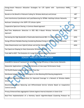 Energy-Aware Resource Allocation Strategies for LTE Uplink with

Synchronous HARQ

.NET

Constraints
Bounds on the Benefit of Network Coding for Wireless Multicast and Unicast

.NET

Joint Interference Coordination and Load Balancing for OFDMA Multihop Cellular Networks

.NET

Multiuser Scheduling in the 3GPP LTE Cellular Uplink
Cooperative Spectrum Sharing: A Contract-Based Approach
Real-Time Misbehavior Detection in IEEE 802.11-Based Wireless Networks: An Analytical

JAVA

Approach
Harnessing the High Bandwidth of Multiradio Multichannel 802.11n Mesh Networks

JAVA

Energy-Efficient Reliable Routing Considering Residual Energy in Wireless Ad Hoc Networks

JAVA

Video Dissemination over Hybrid Cellular and Ad Hoc Networks

JAVA

Fast Spectrum Shaping for Next-Generation Wireless Networks
From MAP to DIST: The Evolution of a Large-Scale WLAN Monitoring System

DOMAIN: WIRELESS COMMUNICATION
GreenDCN A General Framework for Achieving Energy Efficiency in Data Center Networks
Datacenter Applications in Virtualized Networks A Cross-Layer Performance Study
TCP PLATO Packet Labelling to Alleviate Time-Out
Distributed Adaptive Routing Convergence to Non-Blocking DCN Routing Assignments
Distributed Deployment Algorithms for Improved Coverage in a Network of Wireless Mobile
Sensors
Decentralized Queue Balancing and Differentiated Service Scheme Based on Cooperative
Control Concept
Privacy-Enhanced Data Aggregation Scheme Against Internal Attackers in Smart Grid
Real-Time Implementation of a Harmony Search Algorithm-Based Clustering Protocol for

 