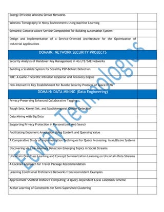 Energy-Efficient Wireless Sensor Networks
Wireless Tomography in Noisy Environments Using Machine Learning
Semantic Context-Aware Service Composition for Building Automation System
Design and Implementation of a Service-Oriented Architecture for the Optimization of
Industrial Applications

DOMAIN: NETWORK SECURITY PROJECTS
Security Analysis of Handover Key Management in 4G LTE/SAE Networks
Building a Scalable System for Stealthy P2P-Botnet Detection
RRE: A Game-Theoretic Intrusion Response and Recovery Engine
Non-Interactive Key Establishment for Bundle Security Protocol of Space DTNs

DOMAIN: DATA MINING (Data Engineering)
Privacy-Preserving Enhanced Collaborative Tagging
Rough Sets, Kernel Set, and Spatiotemporal Outlier Detection
Data Mining with Big Data
Supporting Privacy Protection in Personalized Web Search
Facilitating Document Annotation Using Content and Querying Value
A Comparative Study of Implementation Techniques for Query Processing in Multicore Systems
Discovering via Link-Anomaly Detection Emerging Topics in Social Streams
Uncertain One-Class Learning and Concept Summarization Learning on Uncertain Data Streams
A Cocktail Approach for Travel Package Recommendation
Learning Conditional Preference Networks from Inconsistent Examples
Approximate Shortest Distance Computing: A Query-Dependent Local Landmark Scheme
Active Learning of Constraints for Semi-Supervised Clustering

 