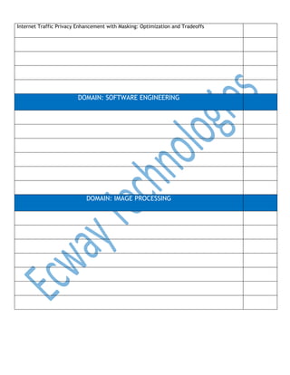 Internet Traffic Privacy Enhancement with Masking: Optimization and Tradeoffs

DOMAIN: SOFTWARE ENGINEERING

DOMAIN: IMAGE PROCESSING

 