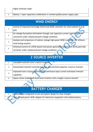 highly nonlinear loads
2

Battery / super capacitors combination in uninterruptible power supply (ups)

WIND ENERGY
1

2

3

4

Control of improved full-bridge three-level DCDC converter for wind turbines in a dc
grid
Dc-voltage fluctuation elimination through a dc-capacitor current control for DFIG
converters under unbalanced grid voltage conditions
Analysis and comparison of medium voltage high power DCDC converters for offshore
wind energy systems
Enhanced control of a DFIG-based wind-power generation system with series grid-side
converter under unbalanced grid voltage conditions

Z SOURCE INVERTER
1

Cascaded multicell trans-z-source inverters

2

Generalized multicell switched-inductor and switched-capacitor z-source inverters

3
4

Improved trans-z-source inverter with continuous input current and boost inversion
capability
Space-vector-modulated three-level inverters with a single z-source network

BATTERY CHARGER
1

Synthesizable integrated circuit and system design for solar chargers

2

Zero no-load power ACDC adapter for electronic equipment with embed battery

 