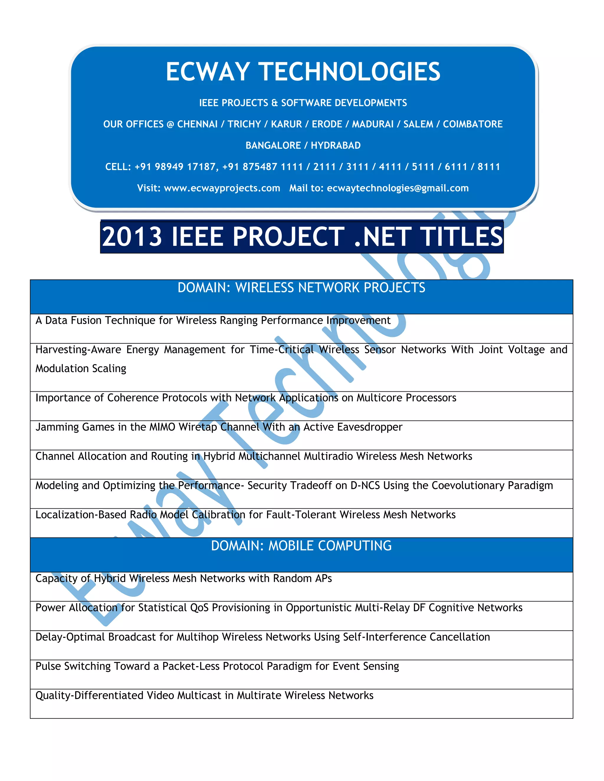 ECWAY TECHNOLOGIES
IEEE PROJECTS & SOFTWARE DEVELOPMENTS
OUR OFFICES @ CHENNAI / TRICHY / KARUR / ERODE / MADURAI / SALEM / COIMBATORE
BANGALORE / HYDRABAD
CELL: +91 98949 17187, +91 875487 1111 / 2111 / 3111 / 4111 / 5111 / 6111 / 8111
Visit: www.ecwayprojects.com Mail to: ecwaytechnologies@gmail.com

2013 IEEE PROJECT .NET TITLES
DOMAIN: WIRELESS NETWORK PROJECTS
A Data Fusion Technique for Wireless Ranging Performance Improvement
Harvesting-Aware Energy Management for Time-Critical Wireless Sensor Networks With Joint Voltage and
Modulation Scaling
Importance of Coherence Protocols with Network Applications on Multicore Processors
Jamming Games in the MIMO Wiretap Channel With an Active Eavesdropper
Channel Allocation and Routing in Hybrid Multichannel Multiradio Wireless Mesh Networks
Modeling and Optimizing the Performance- Security Tradeoff on D-NCS Using the Coevolutionary Paradigm
Localization-Based Radio Model Calibration for Fault-Tolerant Wireless Mesh Networks

DOMAIN: MOBILE COMPUTING
Capacity of Hybrid Wireless Mesh Networks with Random APs
Power Allocation for Statistical QoS Provisioning in Opportunistic Multi-Relay DF Cognitive Networks
Delay-Optimal Broadcast for Multihop Wireless Networks Using Self-Interference Cancellation
Pulse Switching Toward a Packet-Less Protocol Paradigm for Event Sensing
Quality-Differentiated Video Multicast in Multirate Wireless Networks

 