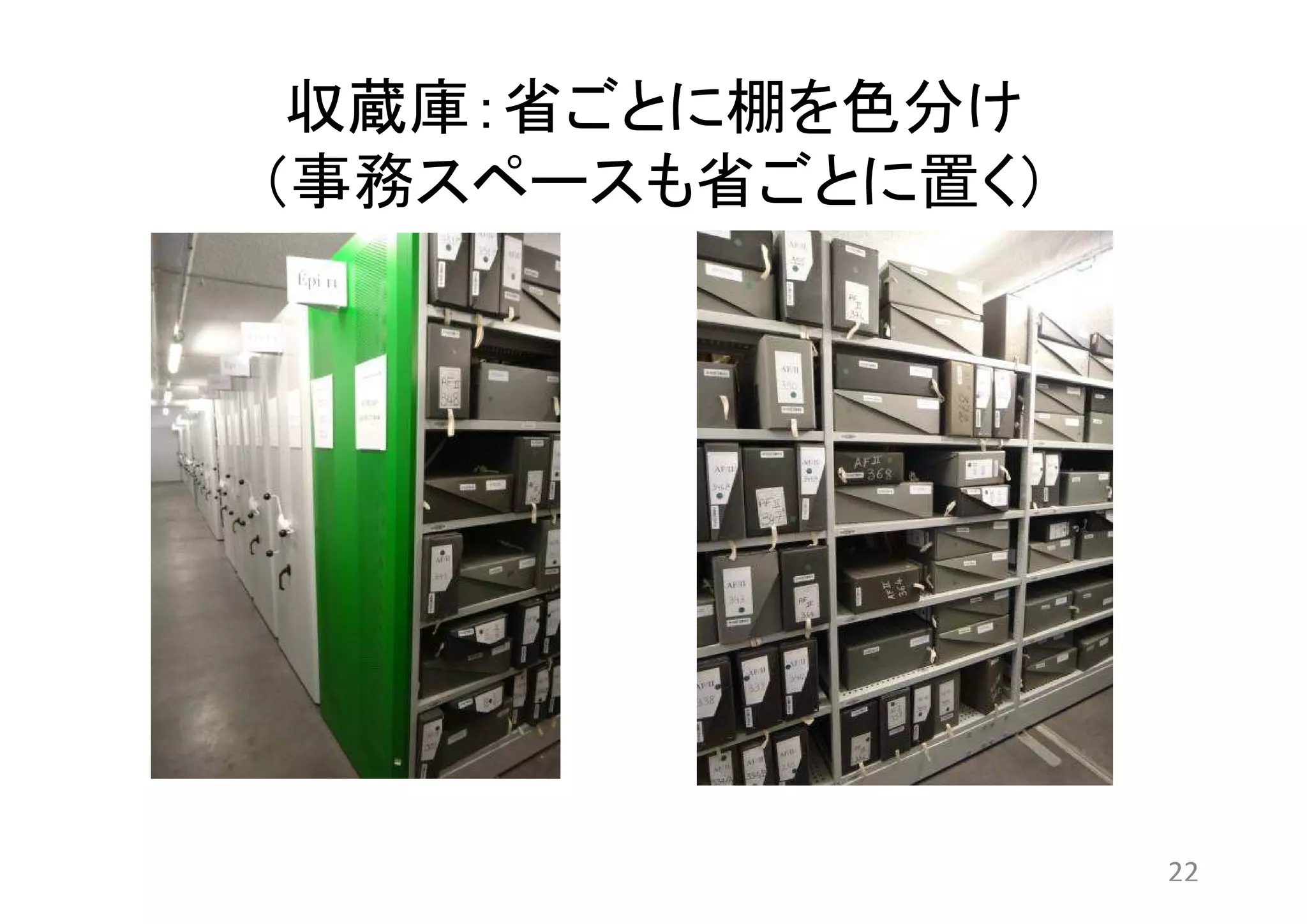 収蔵庫：省ごとに棚を色分け 
（事務スペースも省ごとに置く） 
22 
 