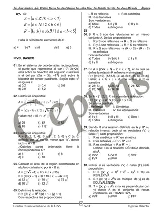 Lic. José Azañero –Lic. Walter Torres-Lic. Saul Barron-Lic. Alex Ríos.- Lic.Rodolfo Carrillo- Lic Juan Miranda

07. Si:

I. R es reflexiva
II: R es simétrica
III. R es transitiva
Son verdaderas:
a) Sólo I
b) I y II
c) II y III
d) Todas
e) Ninguna

A  a  Z / 0  a  7

B  b  N / 2  b  6

R  a; b   AxB / 1  a  b  5

23
06. Si R y S son dos relaciones en un mismo
conjunto A. De las proposiciones
I. R y S son reflexivas  R  S es reflexiva
II. R y S son reflexivas  R  S es reflexiva
III. R y S son reflexivas  (R  S) – (R  S)
es reflexiva
Son verdaderas:
a) Todas
b) Sólo I
c) I y II
d) I y III
e) Ninguna

Halla el número de elementos de R.
a) 4

b) 7

c) 8

d) 5

e) 6

NIVEL BASICO
01. En el sistema de coordenadas rectangulares,
el punto que representa al par (–7; 3a+2b)
está sobre la bisectriz del segundo cuadrante
y el del par (2a – 3b; –17) está sobre la
bisectriz del tercer cuadrante. Según esto, ba
es iguala a:
a) 0,2
b) 0,4
c) 0,6
d) 0,8
e) 1,2

07. En A = {2x/x  N  2 < x < 7}, en la cual se
define la relación R reflexiva y simétrica:
R = {(10;10), (12;12), (a; a), (b;b), (a; b), (c; d)}
Hallar: a + b + c + d
e indicar si R es
transitiva
a) 28; SI
b) 24; SI
c) 24; NO
d) 28; NO
e) 14; SI

02. Dados los conjuntos:

08. En A = {1; 2; 3; 4} se considera la relación:
R = {(x; y)  A2 /x = y  x + y = 3}
Se afirma que R es:
I. Reflexiva
II. Simétrica
III. Transitiva
IV. De equivalencia
Son verdaderas
a) I y II
b) II y III
c) Sólo I
d) Todas
e) Ninguna



| x | 1 

A = 

  Z / 16  x 2  625 
 3 







B = (2 y  3)  Z / 2  3 y  2  5



Hallar: n(A  (B  A ))
c

a) 28
d) 70

b) 42
e) 112

c) 56

09. Siendo R una relación definida en A y R* su
relación inversa, decir si es verdadera (V) o
falsa (F) cada proposición:
I. R es simétrica  R* es simétrica
II. R es reflexiva  R  R*  
III. R es simétrica  R o R* = I,
Donde: I es la relación IDÉNTICA definida
en A.
a) VVV
b) VFV
c) VVF
d) FVF
e) FVV

03. Dados los conjuntos:
A = {1; 2; 3; 4}; B = {1; 2; 5; 6} y C (a; b)
definida por “a” no es menor que “b”, donde
(a;b)  A  B
¿Cuántos
pares
ordenados
tiene
la
correspondencia C?
a) 6
b) 7
c) 8
d) 9
e) 10
04. Calcular el área de la región determinada en
el plano cartesiano por A  B si:

10. Indicar si es verdadera (V) o Falsa (F) cada
proposición:
I. R = {(x; y)  R2 / x2 – 4y2 = 16} es
REFLEXIVA
II. S = {(x; y)  Z2/x es múltiplo de y} es de
EQUIVALENCIA
III. T = {(x; y)  A2/ x no es perpendicular con
y} donde A es el conjunto de rectas
coplanares, es TRANSITIVA
a) VVF
b) FVV
c) FFF

A = {( 2 x –1)  R / 4  x  25}
B = {2/3(x – 1)  R / 19  x  –4x  0}
a) 62 2
b) 70 2
c) 75 2
2
2
d) 76 
e) 82 
05. Definimos la relación:
R = {(c; y)  R2 / |x|  1  |y|  1}
Con respecto a las proposiciones

Centro Preuniversitario de la UNS

Álgebra.

6

S-12

Ingreso Directo

 