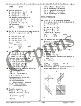 Lic. José Azañero –Lic. Walter Torres-Lic. Saul Barron-Lic. Alex Ríos.- Lic.Rodolfo Carrillo- Lic Juan Miranda

d) VFF

e) VVV

a) R es reflexiva y S es simétrica
b) R es transitiva y T es reflexiva
c) S es transitiva y t es simétrica
d) S es reflexiva y t es transitiva
e) R es transitiva y S es simétrica

11. Sean las relaciones:
R1 = {(x; y)  R2 / x < 2  –1 < y < 2}
R2 = {(x; y)  R2 / x  Z }
R3 = {(x; y)  R2 / – 2  y  1}
Con respecto a las proposiciones:
I. (–2; 1)  R1  R2 – R3
II. (4; –1)  R2 – R3
III. (1/2; 5/2)  R1  R2  R3
Son verdaderas:
a) Sólo I
b) Sólo II
c) I y II
d) II y III
e) Todas

NIVEL INTERMEDIO
01. En A = {1, 2; 3; 4; 5} se define la relación
R = {(1; 2), (1; 4), (1; 5), (2; 3), (2; 5), (3; 3), (3;
4), (4; 2), (5; 2), (5; 3)}
Si:
M = {x  A / (x; 3)  R} ;
N = {y  A / (2; y)  R}
P = {y  A / (3; y)  R}
Calcular: n ((M  N) x P)
a) 8
b)9
c) 10
d) 12
e) 15

12. Sea S = {2; 3; 4} un conjunto cuyo número de
elementos se expresa así: n(S) = 3
Si:
R1 = {(x; y)  S2 / y  x}

R2 = {(x; y)  S2 / y = x2}
R3 = {(x; y)  S2 / y – x = 1}
Hallar:

02. Con respecto a la relación R definida en Z:
R = {(a; b) / a – b = 3k / k  Z}
Podemos decir que es:
a) Reflexiva b) Transitiva c) Simétrica
d) De Equivalencia
e) Ninguna

n(R1 )
n(R 2 )  n(R 3 )

a) 1
d) 4/3

b) 1/2
e) 3

c) 2

03. Dada la relación: R = {(x; y)  IN2 / y = 6 - x}
Afirmamos:
I. n(R) = 7
II. Dom(R) = Ran(R)
III. La suma de tos elementos del Dom (R) es
igual a 20.
Son verdaderas:

13. En Z se define las siguientes relaciones:
R1 = {(x; y) / 3x + y = 7}
R2 = {(x; y) / 5x - 4y = 12}
y S = {(x; y) /  (x; z)  R1  (z; y)  R2}
Entonces, S por comprensión es:
a) S = {(x; y) / 8x – 3y = 19}
b) S = {(x; y) / 2x – 5y = 5}
c) S = {(x; y) / 15x + 4y = 23}
d) S = {(x; y) / 3x – 8y = 19}
e) S = {(x; y) / 4x – 15y = 23}
14. Se definen en Z las siguientes relaciones:
a R b  a es divisor de b
aSba+b=4
a T b  a – b es múltiplo de 3
a U b  a2 + b2 = 25
Entonces podemos afirmar que:
a) R y S son reflexivas
b) R y S son simétricas
c) T y R son reflexivas y simétricas
d) S, T y U son simétricas
e) T y U son de equivalencia

a) Sólo I
b) Sólo 11
c) l y II
d) I y 111
e) Todas
04. Reconocer la gráfica de la relación definida en
R dada por la ecuación: |x – y| = 4
a)



1



ab

b)
y

y

x

x

c)

d)
y

15. Dadas las relaciones:
R ={(a; b)  R2 / a – b  0}
S = {(a; b)  R2 / 0  a – b  1}:
T = (a ; b)  R 2 /

Álgebra.

y

x

x


 0


e)

Entonces:

Centro Preuniversitario de la UNS

7

S-12

Ingreso Directo

 