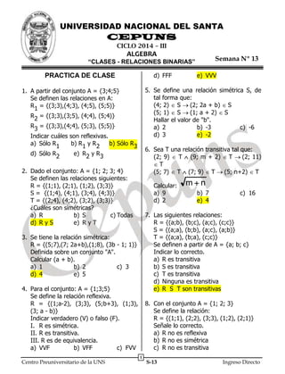 UNIVERSIDAD NACIONAL DEL SANTA

CEPUNS
CICLO 2014 – III

ALGEBRA

Semana Nº 13

“CLASES - RELACIONES BINARIAS”
d) FFF

PRACTICA DE CLASE

5. Se define una relación simétrica S, de
tal forma que:
(4; 2)  S (2; 2a + b) S
(5; 1)  S (1; a + 2) S
Hallar el valor de "b".
a) 2
b) -3
c) -6
d) 3
e) -2

1. A partir del conjunto A = {3;4;5}
Se definen las relaciones en A:
R1 = {(3;3),(4;3), (4;5), (5;5)}
R2 = {(3;3),(3;5), (4;4), (5;4)}
R3 = {(3;3),(4;4), (5;3), (5;5)}

Indicar cuáles son reflexivas.
a) Sólo R1
b) R1 y R2
b) Sólo R3
d) Sólo R2
e) R2 y R3

6. Sea T una relación transitiva tal que:
(2; 9)  T  (9; m + 2) T (2; 11)
T
(5; 7)  T  (7; 9) T (5; n+2) T

2. Dado el conjunto: A = {1; 2; 3; 4}
Se definen las relaciones siguientes:
R = {(1;1), (2;1), (1;2), (3;3)}
S = {(1;4), (4;1), (3;4), (4;3)}
T = {(2;4), (4;2), (3;2), (3;3)}
¿Cuáles son simétricas?
a) R
b) S
c) Todas
d) R y S
e) R y T

Calcular:
a) 9
d) 2

mn
b) 7
e) 4

c) 16

7. Las siguientes relaciones:
R = {(a;b), (b;c), (a;c), (c;c)}
S = {(a;a), (b;b), (a;c), (a;b)}
T = {(a;a), (b;a), (c;c)}
Se definen a partir de A = {a; b; c}
Indicar lo correcto.
a) R es transitiva
b) S es transitiva
c) T es transitiva
d) Ninguna es transitiva
e) R S T son transitivas

3. Se tiene la relación simétrica:
R = {(5;7),(7; 2a+b),(1;8), (3b - 1; 1)}
Definida sobre un conjunto "A".
Calcular (a + b).
a) 1
b) 2
c) 3
d) 4
e) 5
4. Para el conjunto: A = {1;3;5}
Se define la relación reflexiva.
R = {(1;a-2), (3;3), (5;b+3), (1;3),
(3; a - b)}
Indicar verdadero (V) o falso (F).
I. R es simétrica.
II. R es transitiva.
III. R es de equivalencia.
a) VVF
b) VFF
c) FVV
Centro Preuniversitario de la UNS

e) VVV

8. Con el conjunto A = {1; 2; 3}
Se define la relación:
R = {(1;1), (2;2), (3;3), (1;2), (2;1)}
Señale lo correcto.
a) R no es reflexiva
b) R no es simétrica
c) R no es transitiva
1

S-13

Ingreso Directo

 