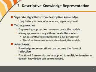 2. Descriptive Knowledge Representation 
 Separate algorithms from descriptive knowledge 
 Long history in computer science, especially in AI 
 Two approaches 
 Engineering approaches: humans create the models 
 Mining approaches: algorithms create the models 
• But co-construction required from a KM-perspective 
• Therefore human-understandable descriptive models 
 Advantages: 
 Knowledge representations can become the focus of 
reflection 
 Functional framework can be applied to multiple domains as 
domain knowledge can be exchanged. 
8 
 