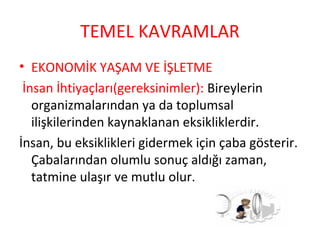 TEMEL KAVRAMLAR
• EKONOMİK YAŞAM VE İŞLETME
İnsan İhtiyaçları(gereksinimler): Bireylerin
organizmalarından ya da toplumsal
ilişkilerinden kaynaklanan eksikliklerdir.
İnsan, bu eksiklikleri gidermek için çaba gösterir.
Çabalarından olumlu sonuç aldığı zaman,
tatmine ulaşır ve mutlu olur.
 