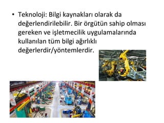 • Teknoloji: Bilgi kaynakları olarak da
değerlendirilebilir. Bir örgütün sahip olması
gereken ve işletmecilik uygulamalarında
kullanılan tüm bilgi ağırlıklı
değerlerdir/yöntemlerdir.
 