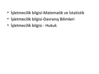 • İşletmecilik bilgisi-Matematik ve İstatistik
• İşletmecilik bilgisi-Davranış Bilimleri
• İşletmecilik bilgisi - Hukuk
 