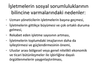 İşletmelerin sosyal sorumluluklarının
bilincine varmalarındaki nedenler:
- Uzman yöneticilerin işletmelerin başına geçmesi,
- İşletmelerin gittikçe büyümesi ve çok ortaklı duruma
gelmesi,
- Rekabet eden işletme sayısının artması,
- İşletmelerin toplumdaki imajlarının daha da
iyileştirmesi ve güçlendirmesinin önemi,
- Uluslar arası bölgesel veya genel nitelikli ekonomik
ve ticari bütünleşmeler ile işbirliğine dayalı
örgütlenmelerin yaygınlaştırılması,
 