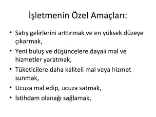 İşletmenin Özel Amaçları:
• Satış gelirlerini arttırmak ve en yüksek düzeye
çıkarmak,
• Yeni buluş ve düşüncelere dayalı mal ve
hizmetler yaratmak,
• Tüketicilere daha kaliteli mal veya hizmet
sunmak,
• Ucuza mal edip, ucuza satmak,
• İstihdam olanağı sağlamak,
 