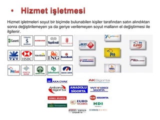 Hizmet işletmeleri soyut bir biçimde bulunabilen kişiler tarafından satın alındıktan
sonra değiştirilemeyen ya da geriye verilemeyen soyut malların el değiştirmesi ile
ilgilenir.
 