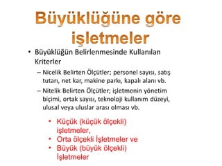 • Küçük (küçük ölçekli)
işletmeler,
• Orta ölçekli İşletmeler ve
• Büyük (büyük ölçekli)
İşletmeler
 