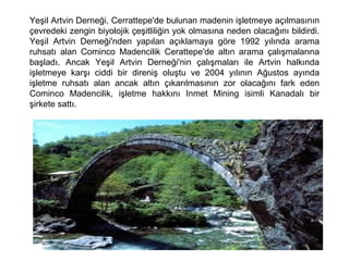 Yeşil Artvin Derneği, Cerrattepe'de bulunan madenin işletmeye açılmasının
çevredeki zengin biyolojik çeşitliliğin yok olmasına neden olacağını bildirdi.
Yeşil Artvin Derneği'nden yapılan açıklamaya göre 1992 yılında arama
ruhsatı alan Cominco Madencilik Cerattepe'de altın arama çalışmalarına
başladı. Ancak Yeşil Artvin Derneği'nin çalışmaları ile Artvin halkında
işletmeye karşı ciddi bir direniş oluştu ve 2004 yılının Ağustos ayında
işletme ruhsatı alan ancak altın çıkarılmasının zor olacağını fark eden
Cominco Madencilik, işletme hakkını Inmet Mining isimli Kanadalı bir
şirkete sattı.
 