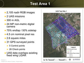 Copyright © 2013 Merrick & Company - All rights reserved.
PREXXXX 8
Test Area 1
 2,105 nadir RGB images
 2 UAS missions
 300 m AGL
 24 MP non-metric digital
camera
 75% endlap / 50% sidelap
 4.5 cm nominal pixel res
 2.6 square miles
 31 GPS surveyed points
 5 Control points
 26 Check points
 UAS data overlaps existing
fixed wing LiDAR
 
