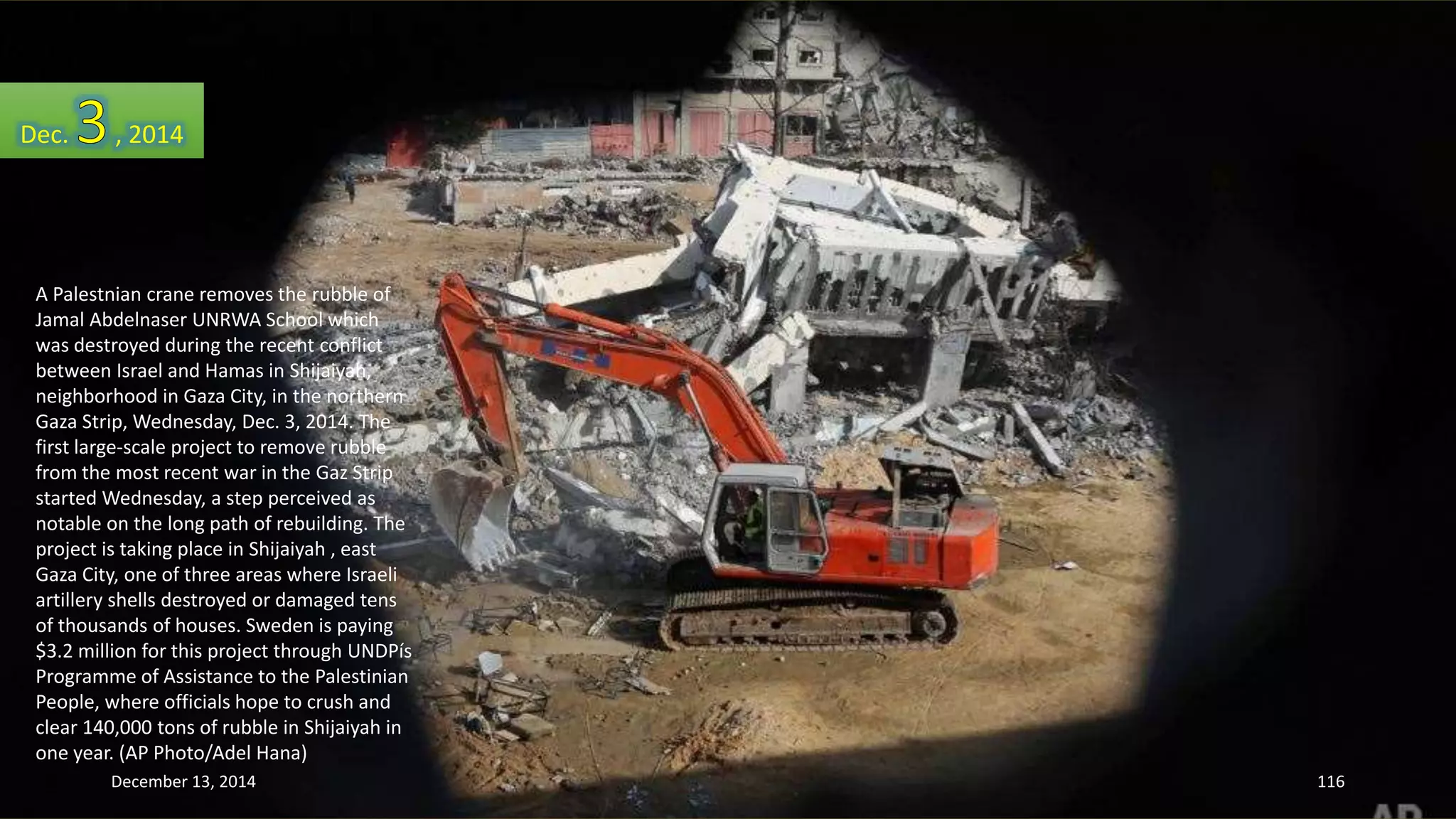 Dec. , 2014 
A Palestnian crane removes the rubble of 
Jamal Abdelnaser UNRWA School which 
was destroyed during the recent conflict 
between Israel and Hamas in Shijaiyah, 
neighborhood in Gaza City, in the northern 
Gaza Strip, Wednesday, Dec. 3, 2014. The 
first large-scale project to remove rubble 
from the most recent war in the Gaz Strip 
started Wednesday, a step perceived as 
notable on the long path of rebuilding. The 
project is taking place in Shijaiyah , east 
Gaza City, one of three areas where Israeli 
artillery shells destroyed or damaged tens 
of thousands of houses. Sweden is paying 
$3.2 million for this project through UNDPís 
Programme of Assistance to the Palestinian 
People, where officials hope to crush and 
clear 140,000 tons of rubble in Shijaiyah in 
one year. (AP Photo/Adel Hana) 
December 13, 2014 116 
 