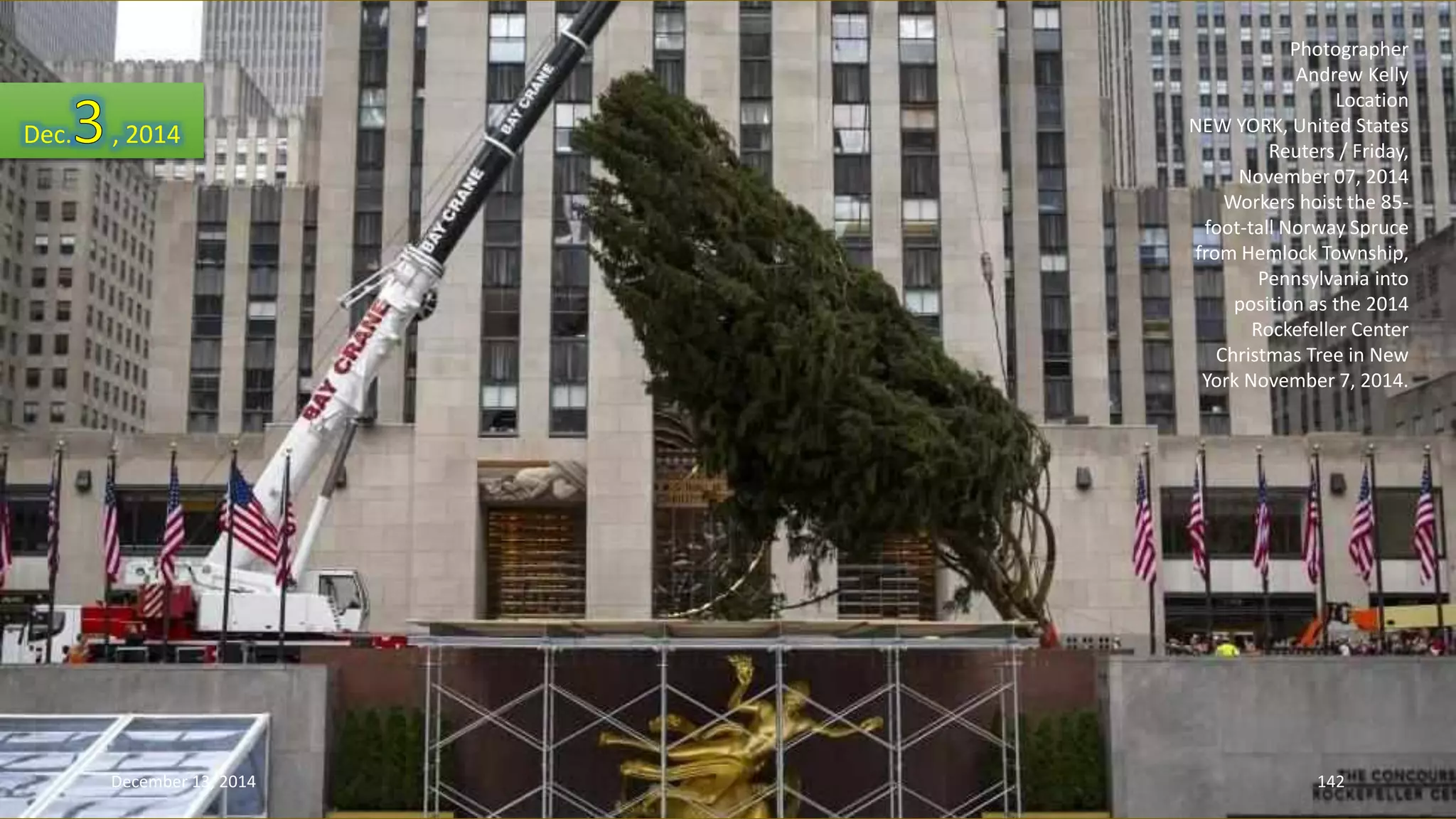 Photographer 
Andrew Kelly 
Location 
NEW YORK, United States 
Reuters / Friday, 
November 07, 2014 
Workers hoist the 85- 
foot-tall Norway Spruce 
from Hemlock Township, 
Pennsylvania into 
position as the 2014 
Rockefeller Center 
Christmas Tree in New 
York November 7, 2014. 
Dec. , 2014 
December 13, 2014 142 
 
