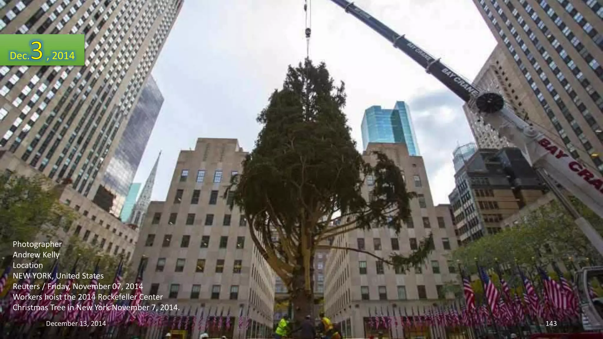 Dec. , 2014 
Photographer 
Andrew Kelly 
Location 
NEW YORK, United States 
Reuters / Friday, November 07, 2014 
Workers hoist the 2014 Rockefeller Center 
Christmas Tree in New York November 7, 2014. 
December 13, 2014 143 
 