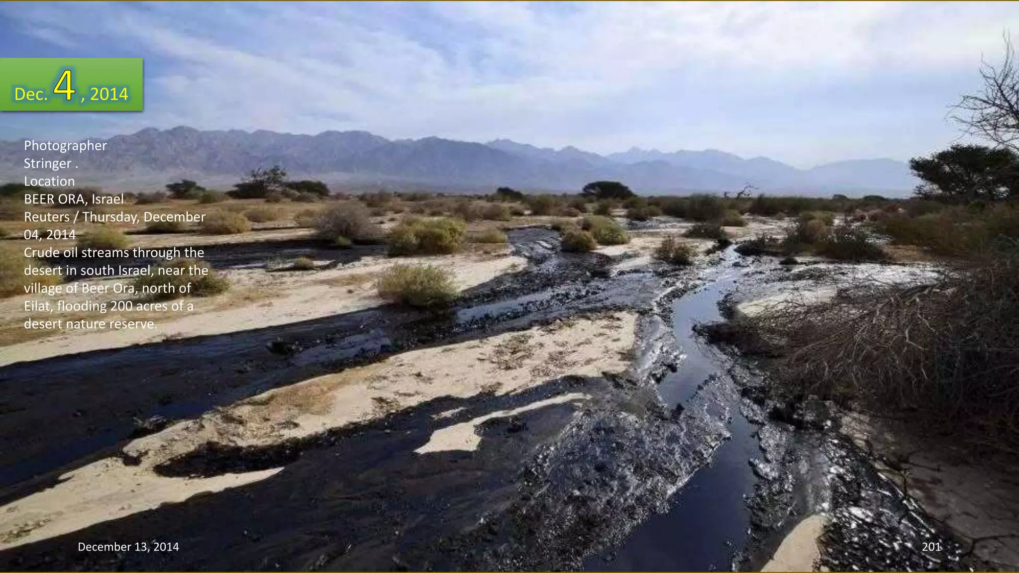 Dec. , 2014 
Photographer 
Stringer . 
Location 
BEER ORA, Israel 
Reuters / Thursday, December 
04, 2014 
Crude oil streams through the 
desert in south Israel, near the 
village of Beer Ora, north of 
Eilat, flooding 200 acres of a 
desert nature reserve. 
December 13, 2014 201 
 