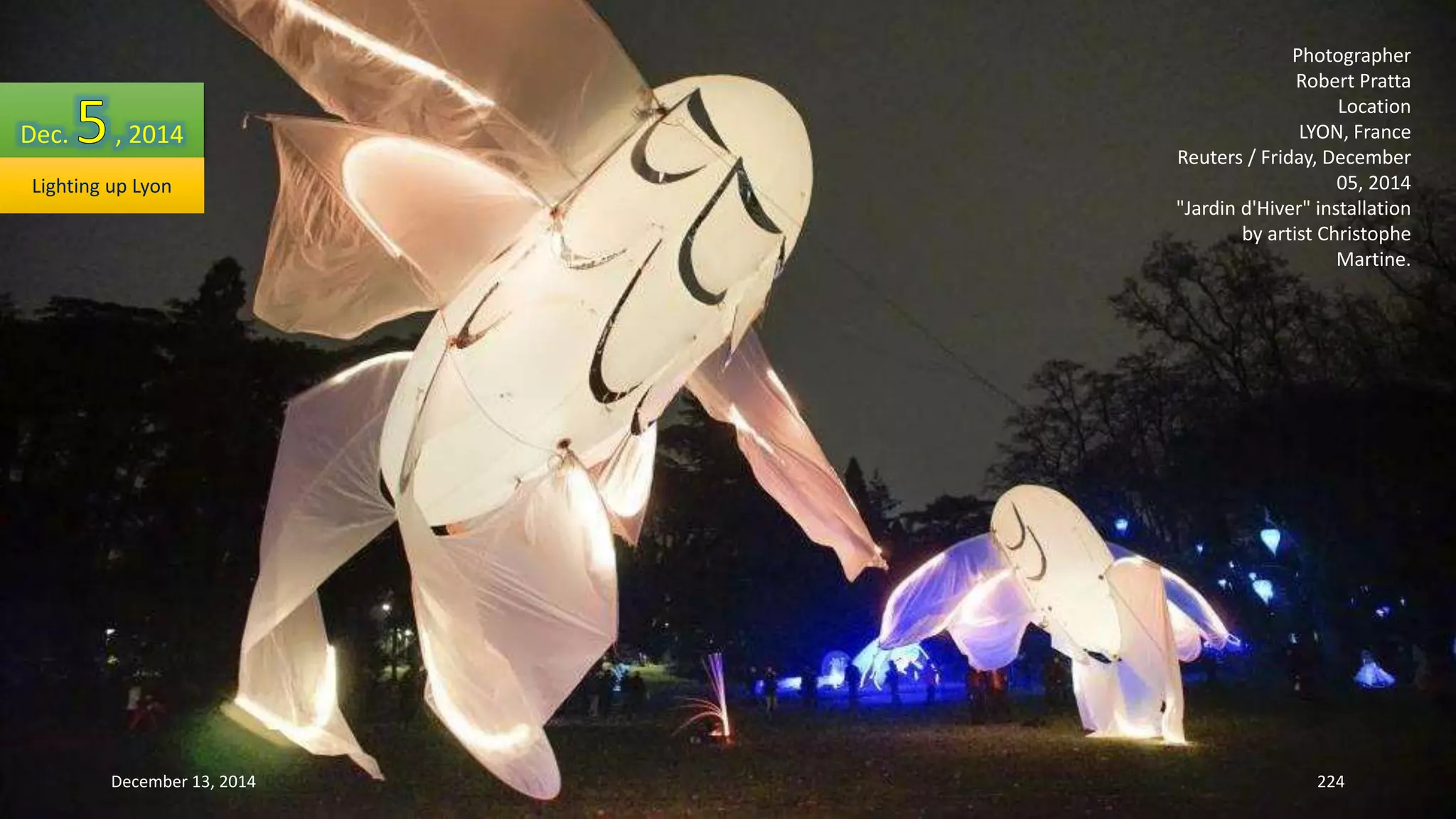 Photographer 
Robert Pratta 
Location 
LYON, France 
Reuters / Friday, December 
05, 2014 
"Jardin d'Hiver" installation 
by artist Christophe 
Martine. 
Dec. , 2014 
Lighting up Lyon 
December 13, 2014 224 
 